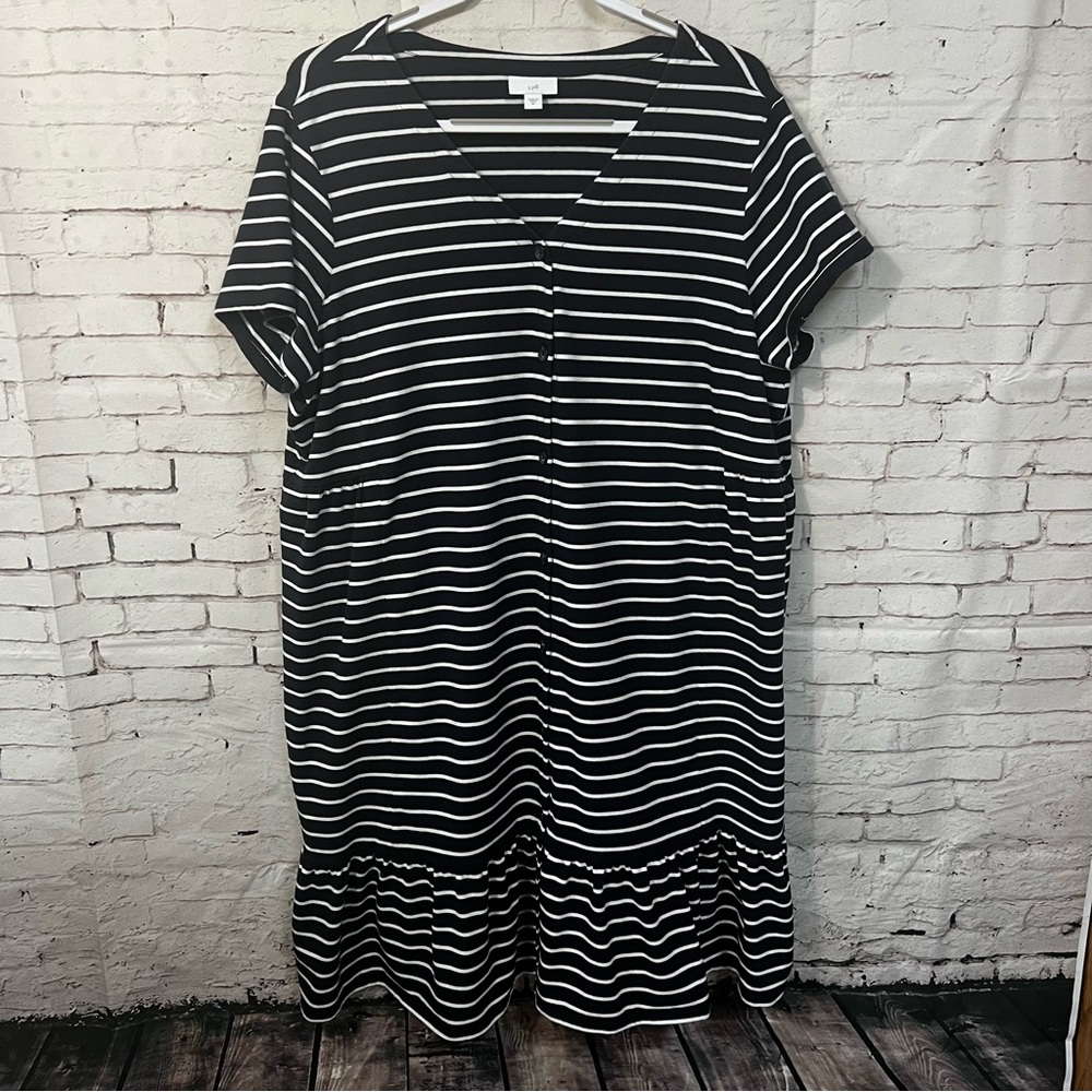 J. Jill Size 2X Navy White stripe Shirt Dress Casual Ruffle Bottom Button - Picture 1 of 9